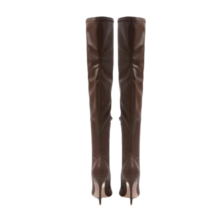 Brown knee-high heel boots with pointed toe and stiletto heel, back view