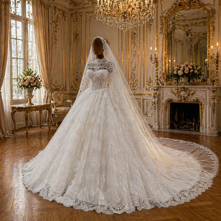 Elegant Beaded High Neck Arabic Bridal Gown