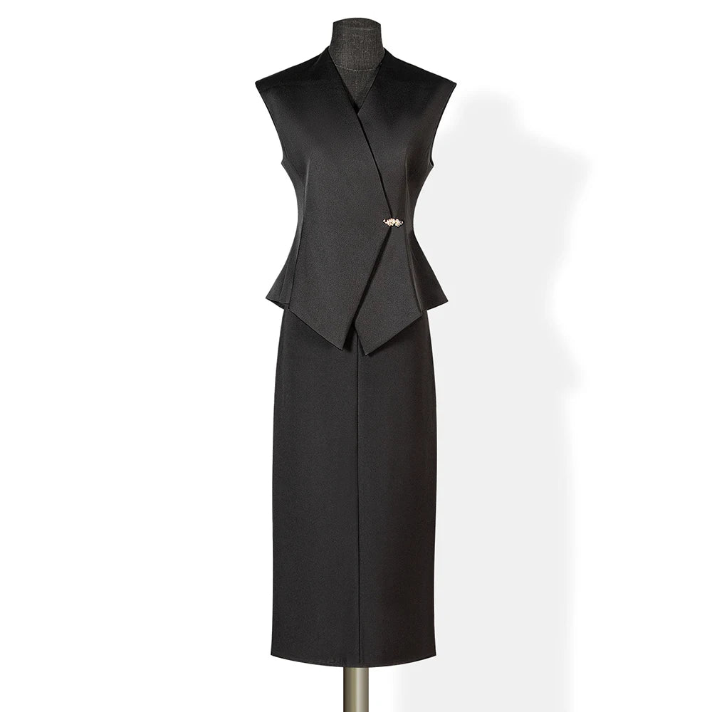 Black two-piece mid-calf skirt set with sleeveless vest top and center-front button