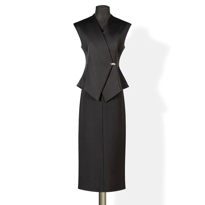 Black two-piece mid-calf skirt set with sleeveless vest top and center-front button