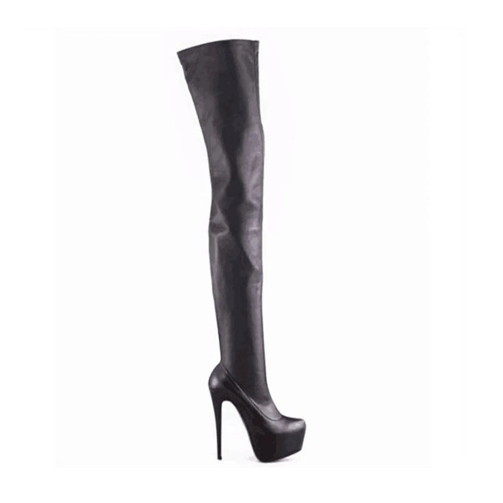 Black thigh-high pull-on boots with stiletto heel and sleek side profile
