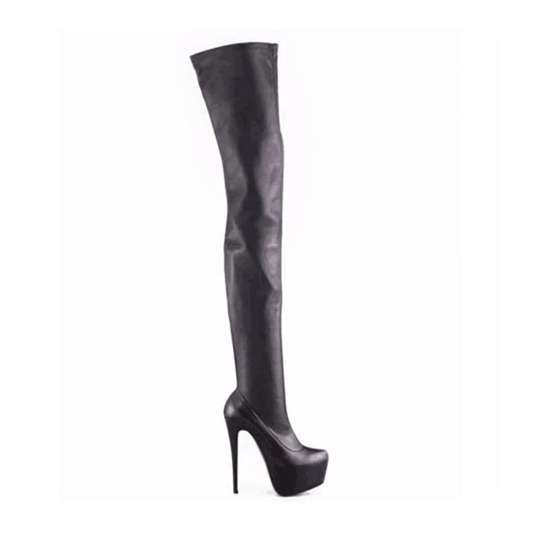Black thigh-high pull-on boots with stiletto heel and sleek side profile