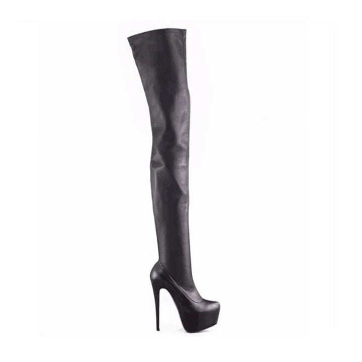 Black thigh-high pull-on boots with stiletto heel and sleek side profile