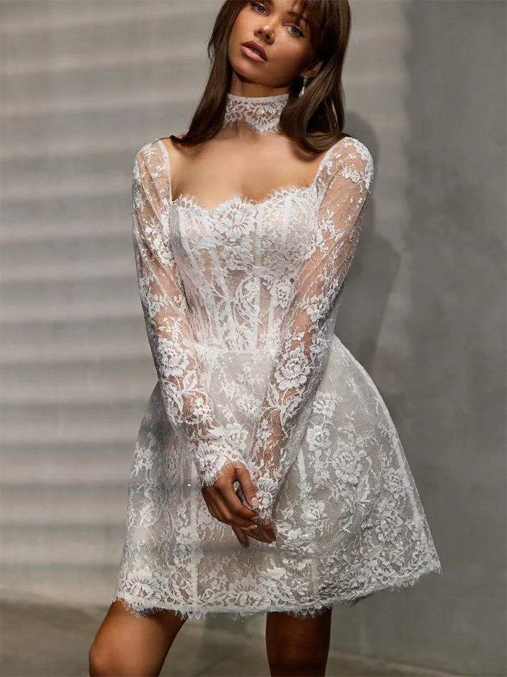 Off-shoulder lace bridal mini dress with choker neckline and long sleeves, white