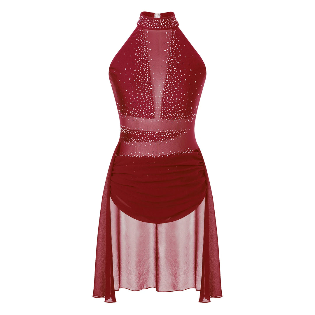 Burgundy red rhinestone mesh halter ballet dress with draped waist and sheer skirt