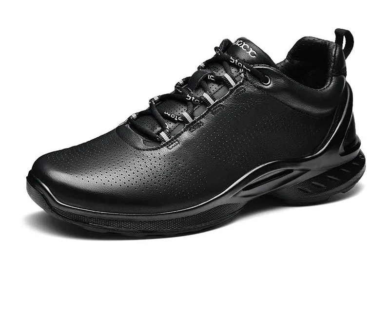 Black men's lace-up athletic trekking shoe with perforated toe and cushioned sole