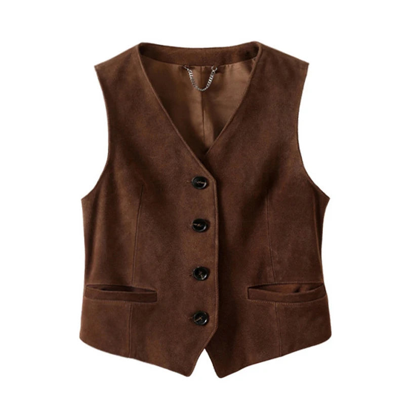 Brown suede leather sleeveless short vest with V-neck and button-front