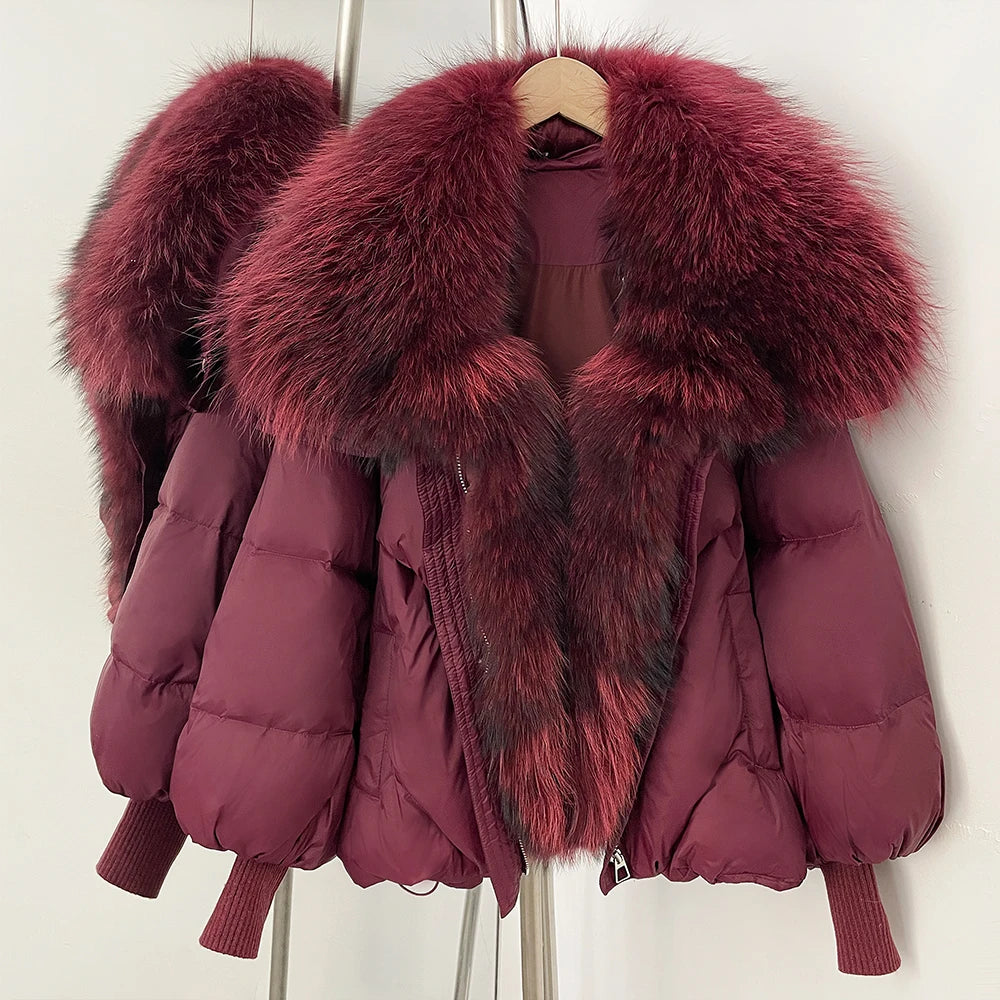Wine-red puffer coat with oversized burgundy faux-fur collar and front zip, rib-knit cuffs