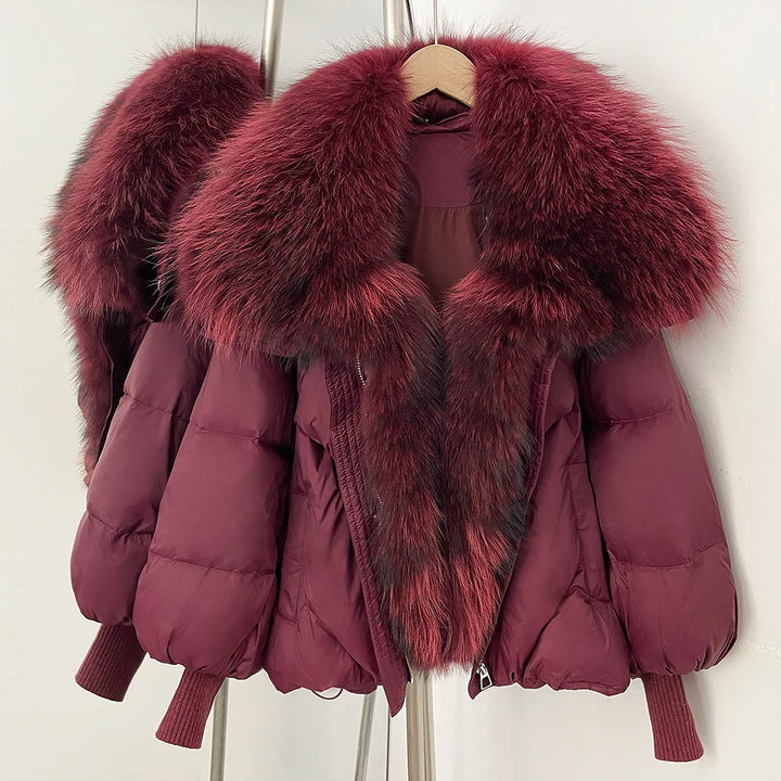Wine-red puffer coat with oversized burgundy faux-fur collar and front zip, rib-knit cuffs