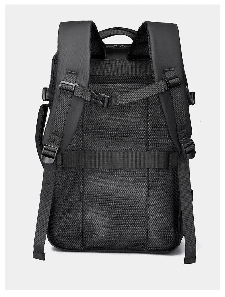 Black backpack back view with breathable mesh panel and adjustable shoulder straps