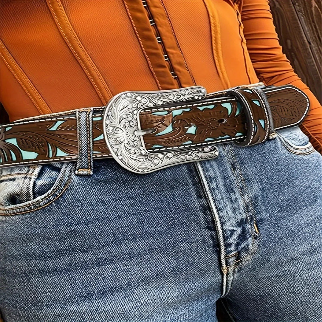 Western Style Carved Leather Belt