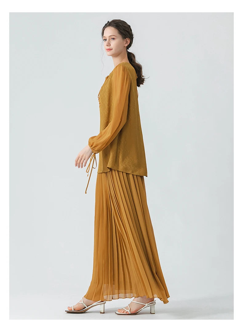 Tie-neck Taco Pleated Silk Tops