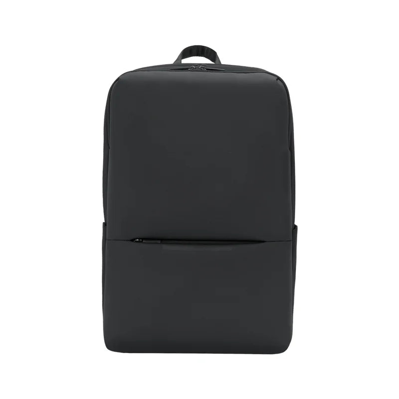 Black large travel work backpack with top handle and front zip pocket panel