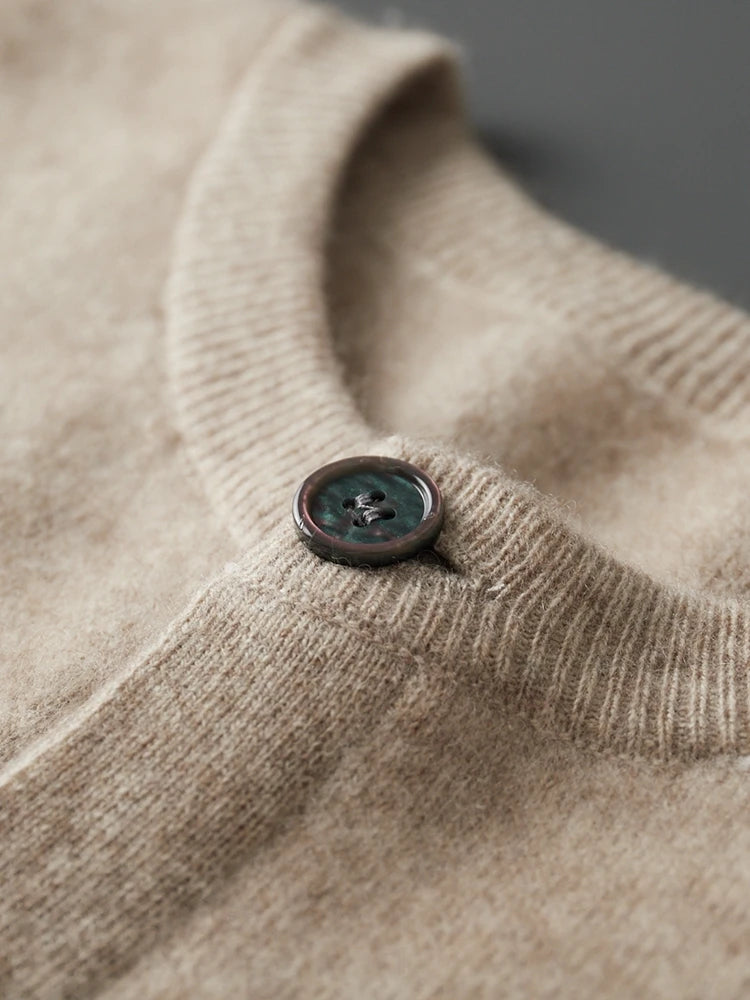 Beige wool knit cardigan neckline with button placket and ribbed collar