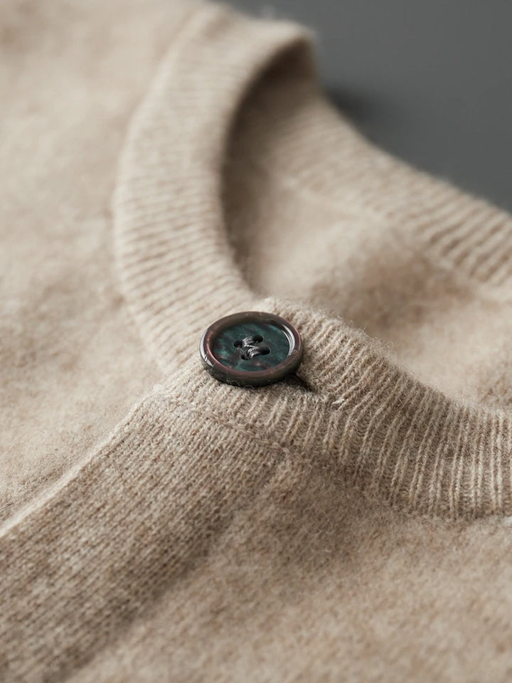 Beige wool knit cardigan neckline with button placket and ribbed collar