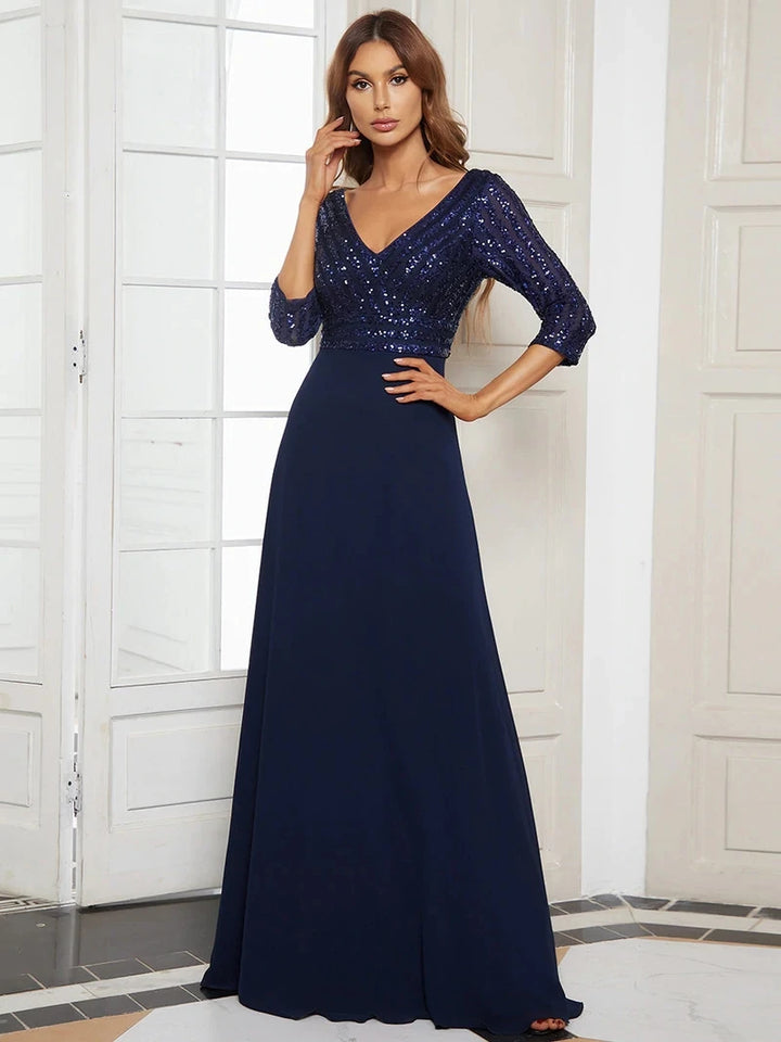 Three Quarter Sleeve A-Line Prom Dress