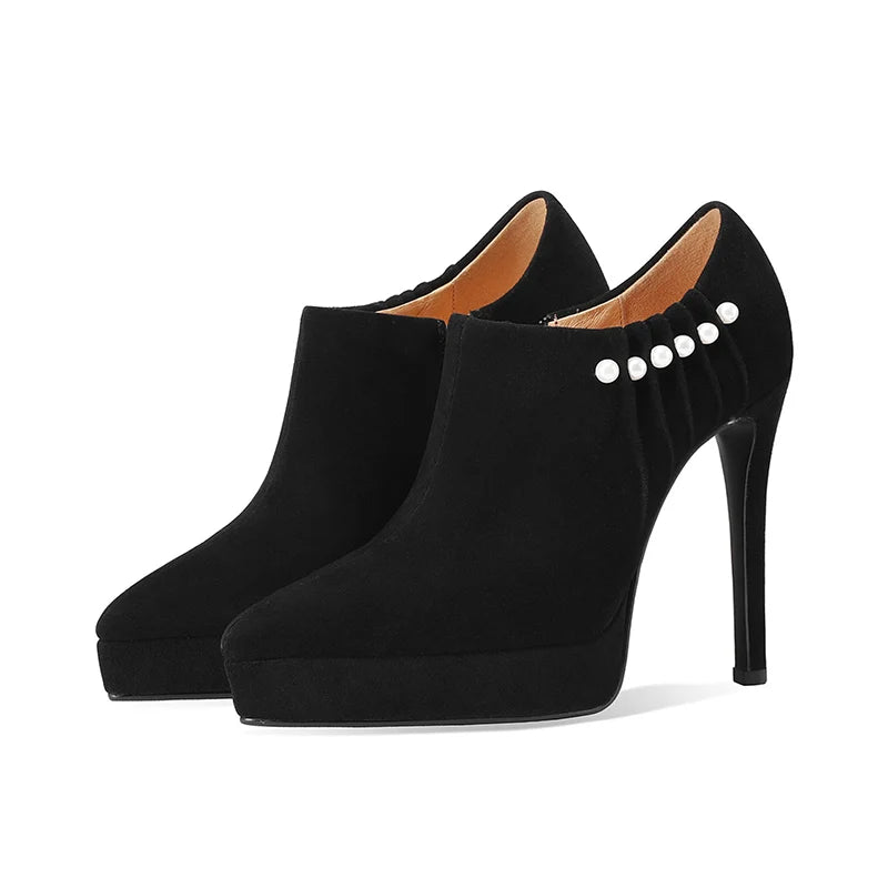 Women’s black suede heel pumps with pleated collar and pearl-stud lace