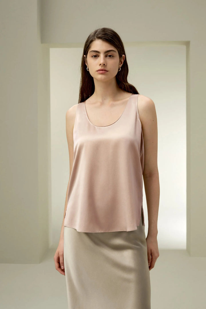Women’s silk relaxed tank top, pale pink, sleeveless scoop neck with straight drape