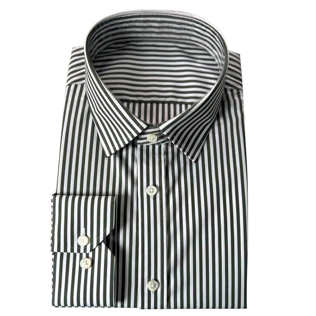 Men's slim fit cotton shirt with dark green-and-white vertical stripes and button front