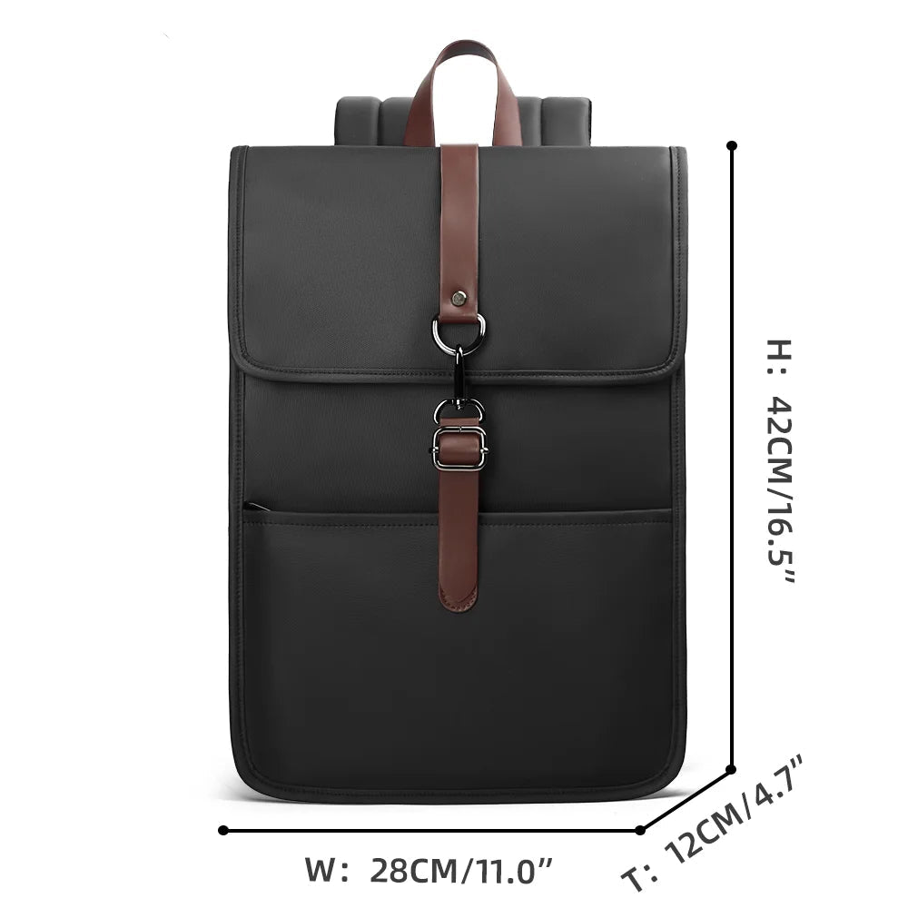 Black waterproof backpack, front view with flap and center buckle strap