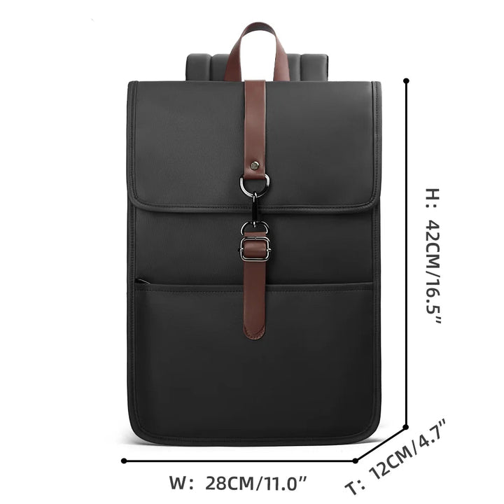 Black waterproof backpack, front view with flap and center buckle strap