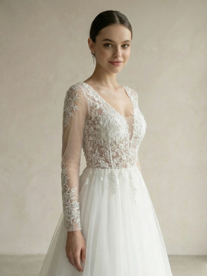 Elegant Lace Beaded Bridal Dress