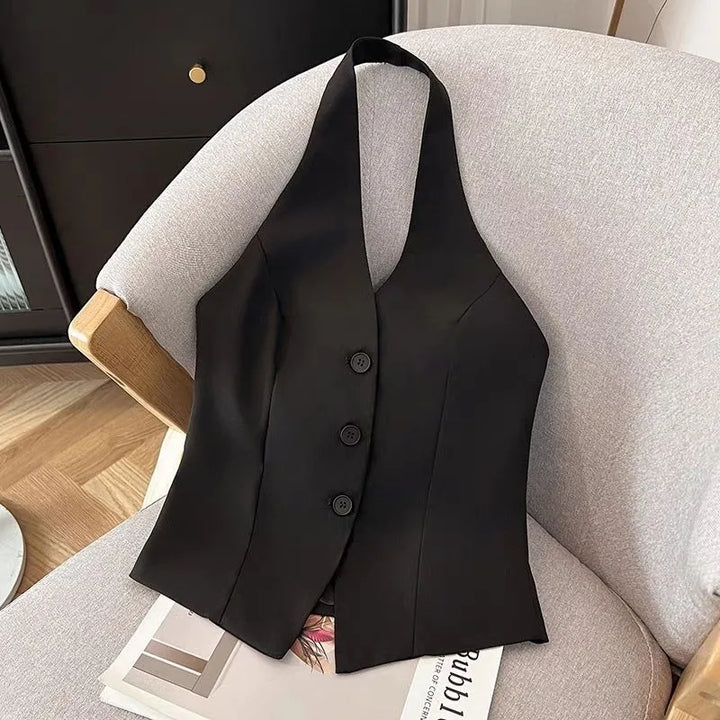 Women’s black slim-fit V-neck blazer vest, sleeveless with three-button front