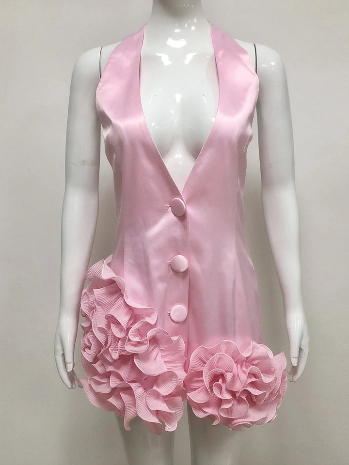 Deep V-Neck Ruched Flowers Mini Dress