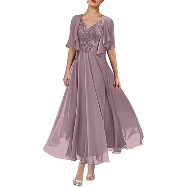 Light purple tea-length chiffon gown with embroidered V-neck bodice
