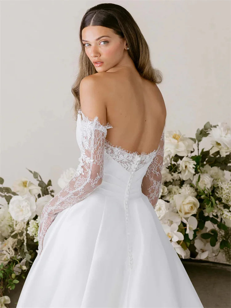 Elegant Satin Boat Neckline Bridal Gown