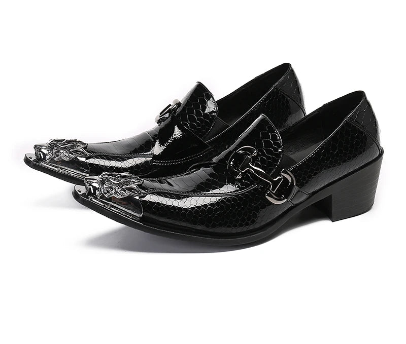 Black men's slip-on loafer heels with buckle strap and glossy textured finish