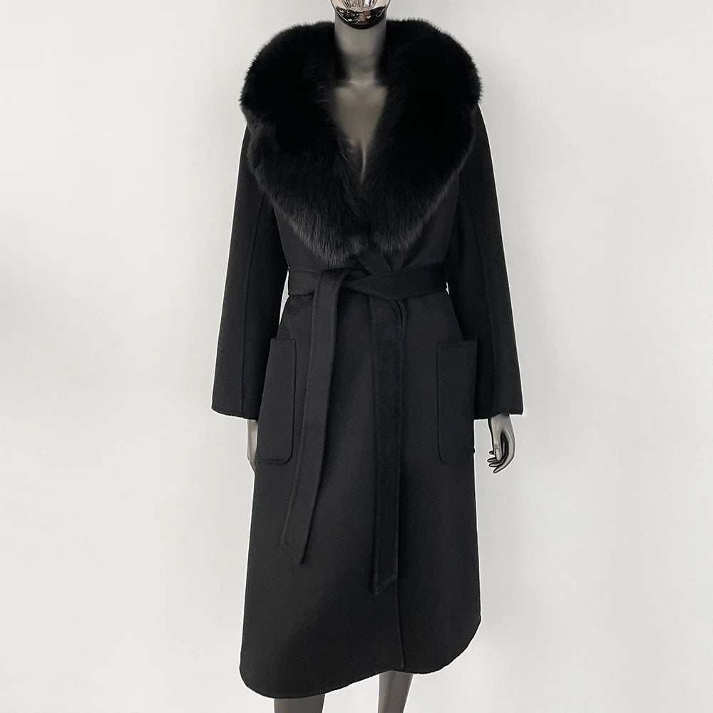 Elegant Natural Wool Fur Long Coat