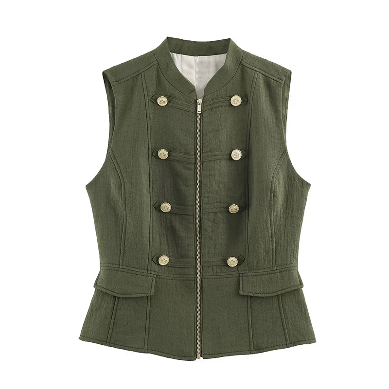 Green women's waistcoat with front zip, decorative buttons, and peplum hem