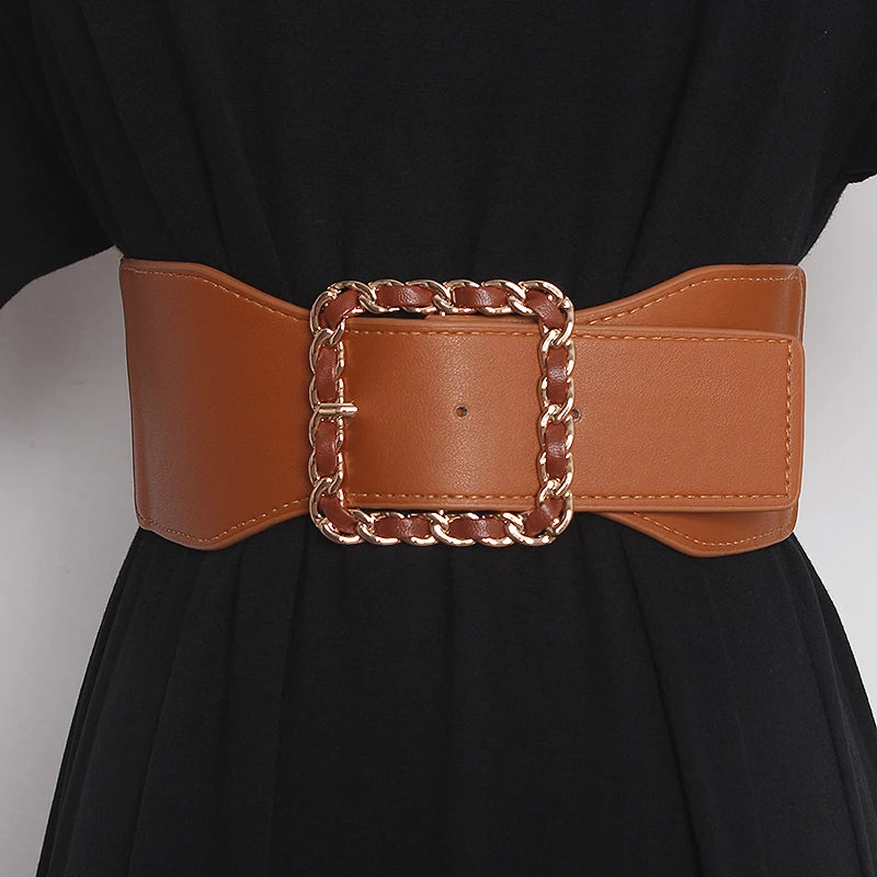 Camel brown wide PU corset belt with chain-link square center buckle