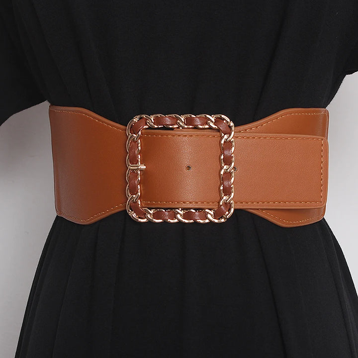 Camel brown wide PU corset belt with chain-link square center buckle