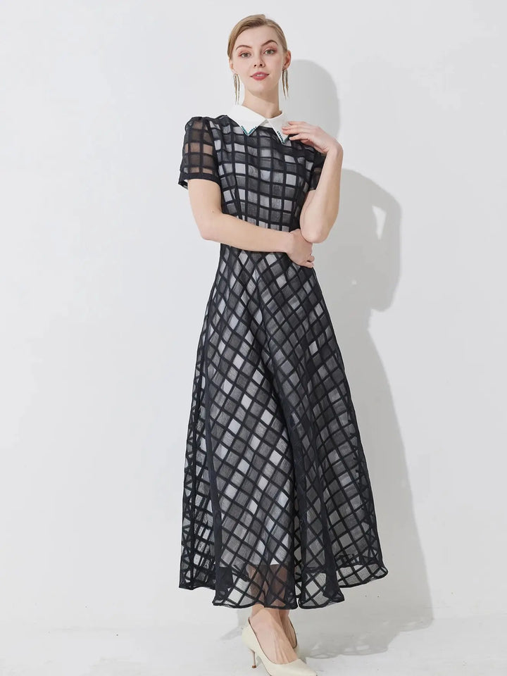Lovely Checkered net-sheer Fitted Dress