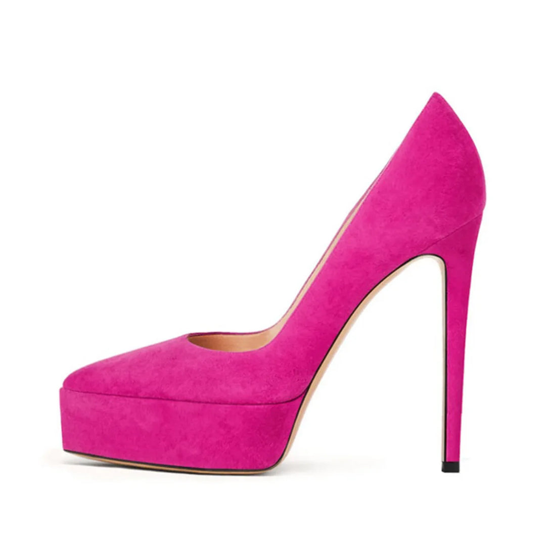 Faux suede high heel pumps, fuchsia pink, platform, pointed toe, stiletto heel