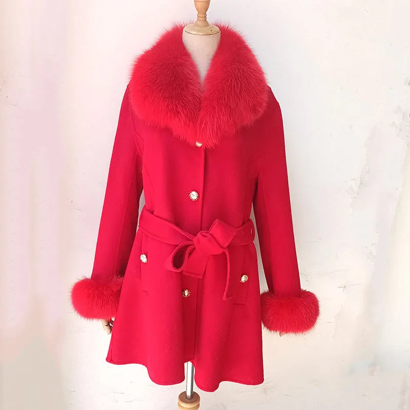 Elegant Fur Collar Slim Cashmere Coat