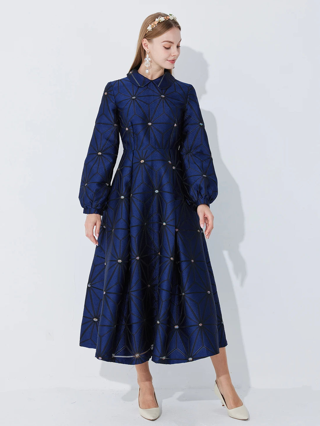 Graceful Turned Collar Lined Midi Dress