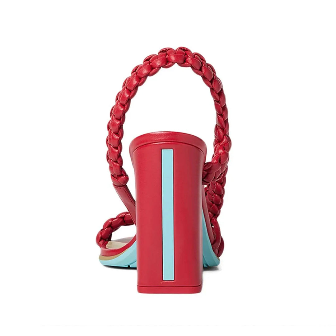 Red strappy high-heel sandals with woven back handle and block heel
