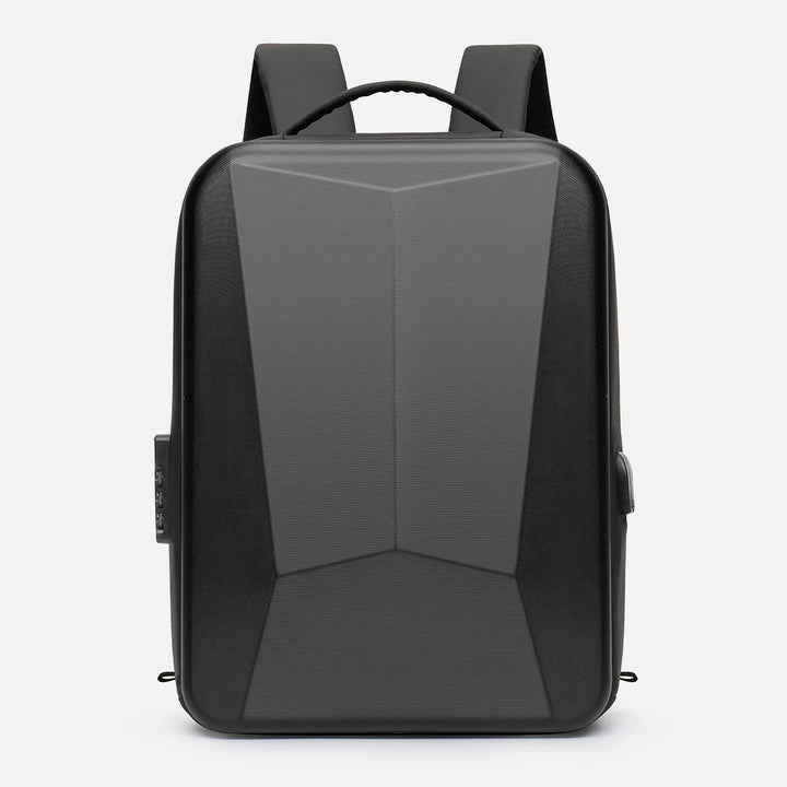 Hard shell expandable bag backpack, front view in black with molded geometric panels