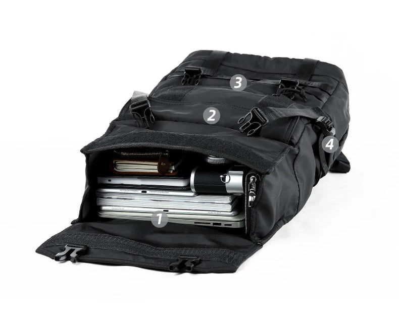 Black roll-top backpack interior with laptop sleeve, zip pocket, and side pocket