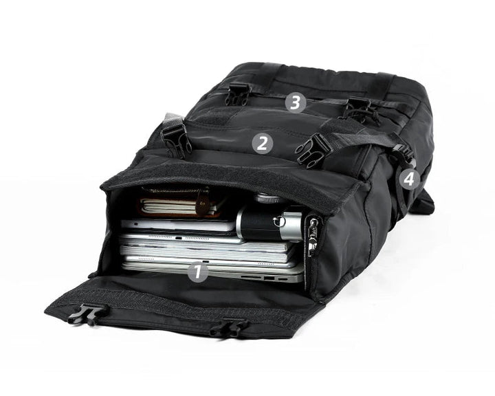 Black roll-top backpack interior with laptop sleeve, zip pocket, and side pocket