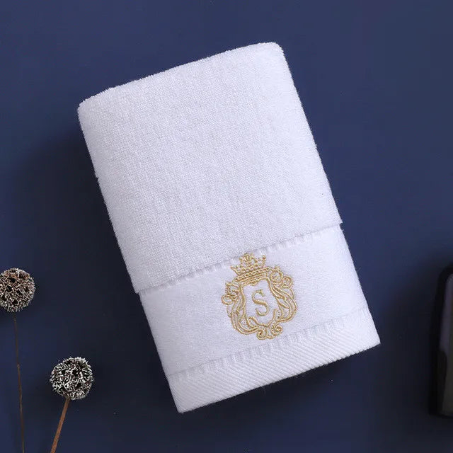 Cotton bath towel, white with gold embroidered crest