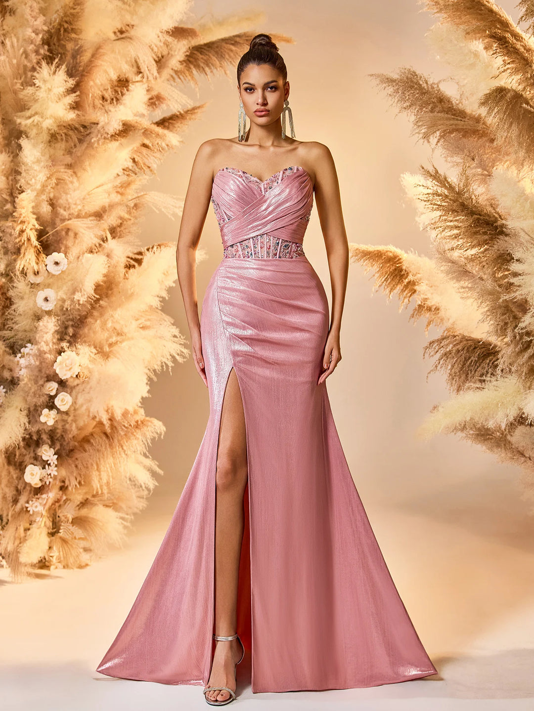 Alluring Ruched Beaded Evening Gown