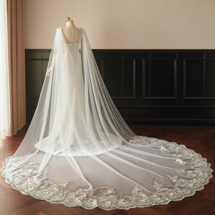 Luxury Appliques Long Train Drag Tulle Veil