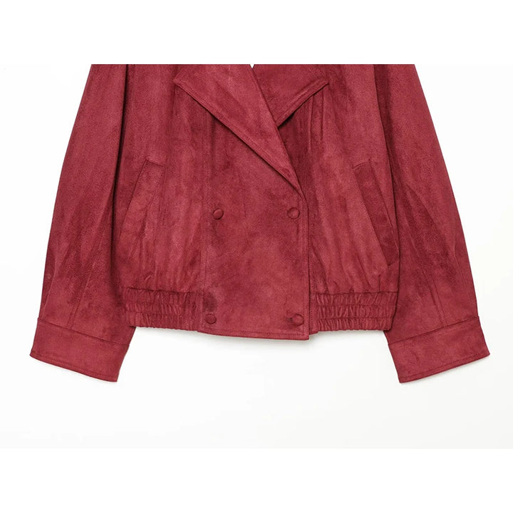 Red faux suede biker jacket lower front with elastic hem and double-button placket
