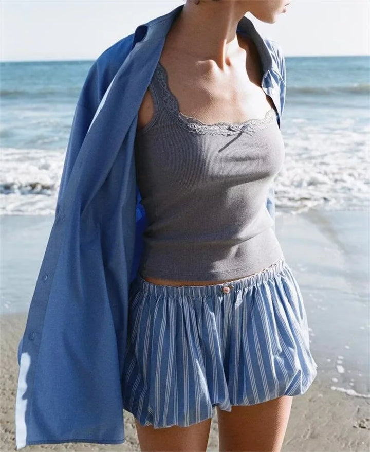 Striped Trim Puffy Mini Shorts