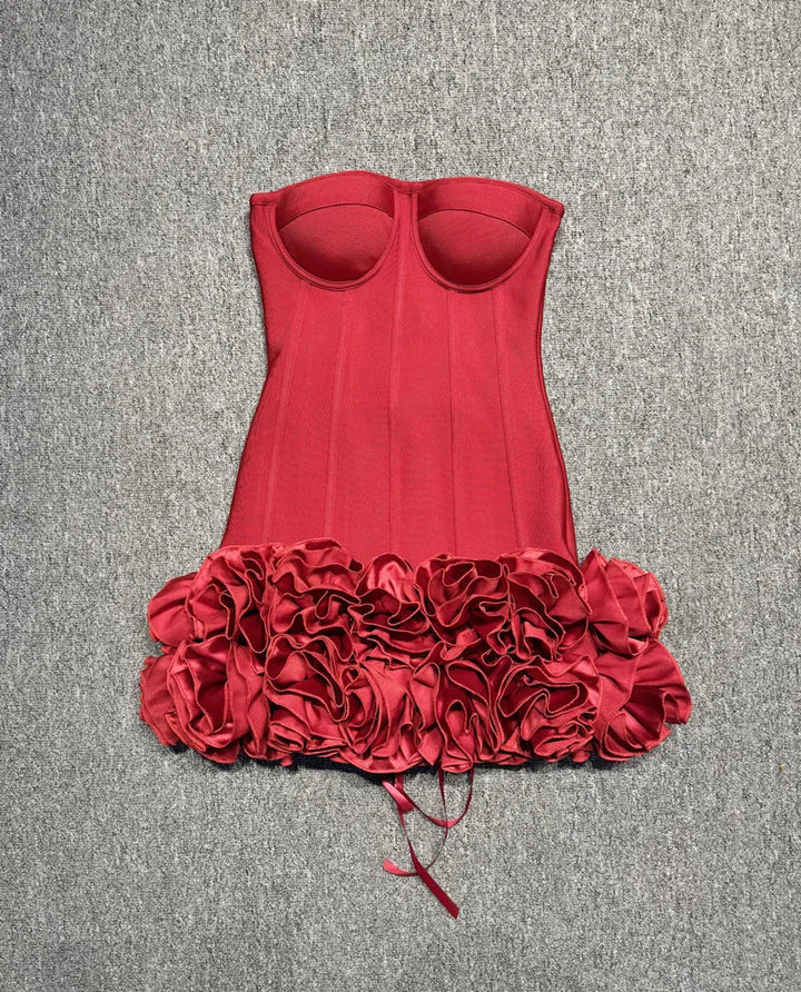 Red strapless mini dress with ruffled tiered hem and gathered front