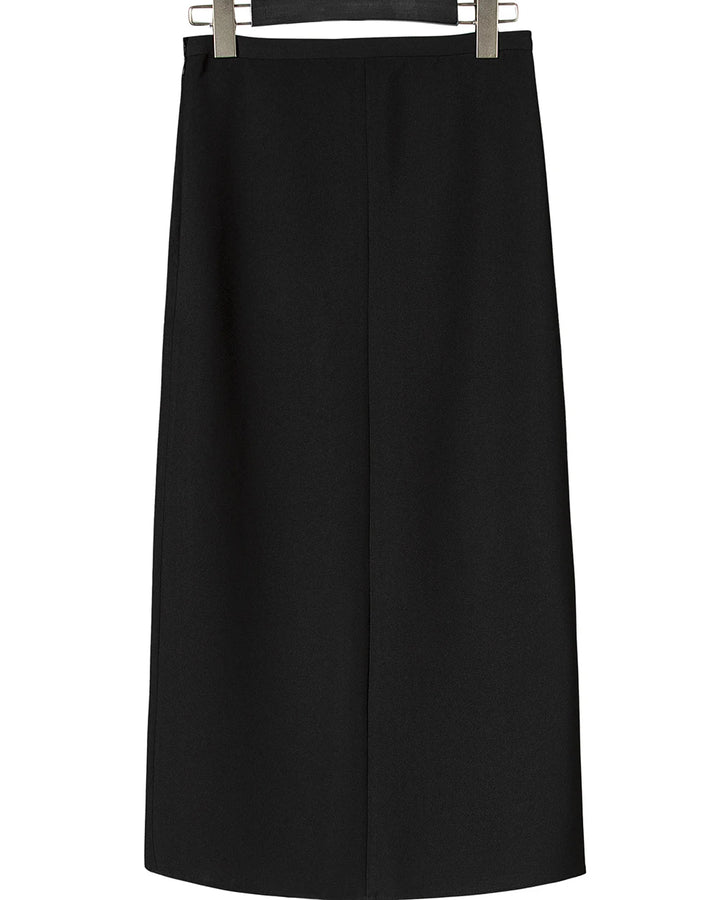 Black womens mid-calf skirt with center seam and waistband with belt loops